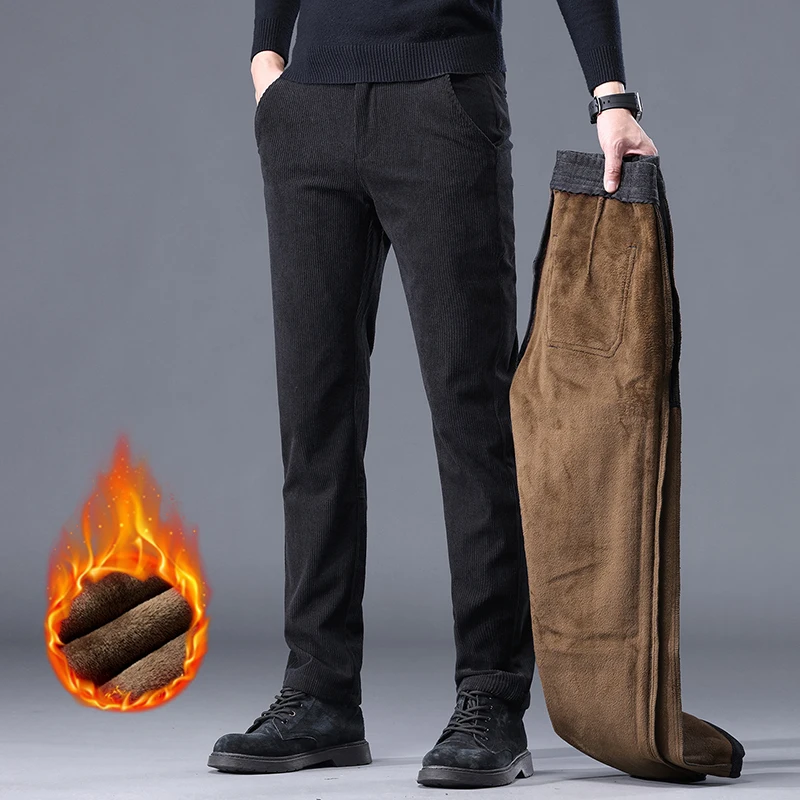 Khaki Black Gray Fleece Men's Corduroy Casual Pants Chenille Thick Stretch Business Trousers Mid-rise Brand Winter Thermal Pants - Image 4
