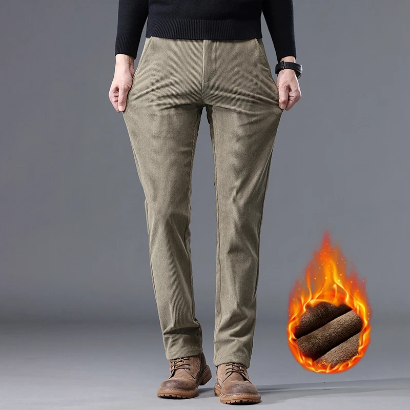Khaki Black Gray Fleece Men's Corduroy Casual Pants Chenille Thick Stretch Business Trousers Mid-rise Brand Winter Thermal Pants - Image 3